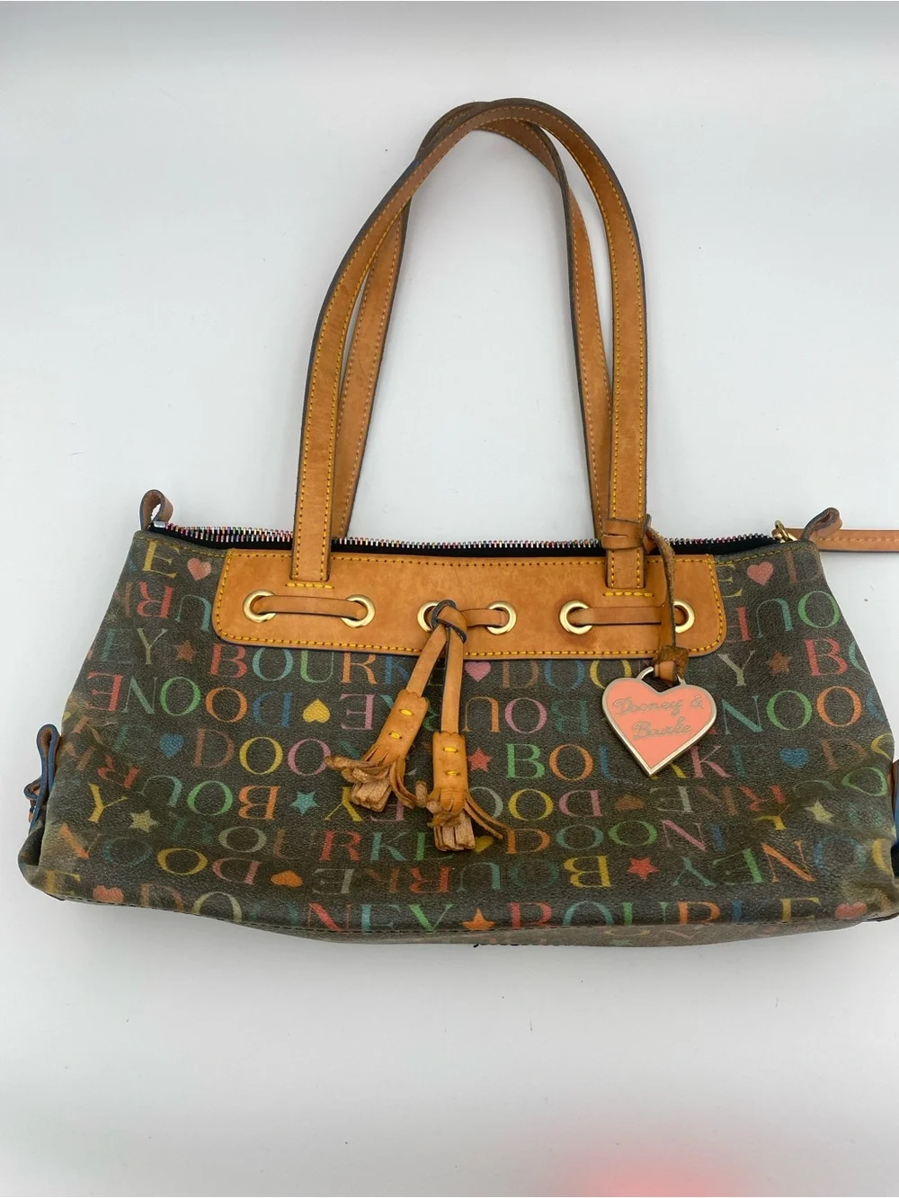 Dooney & Bourke Multicolor Logo Shoulder Bag with Tan Leather